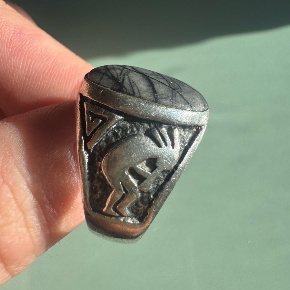 Tourmalinated Quartz and Kokopelli 925 Sterling Silver Navajo Ring Size 9.5 12g